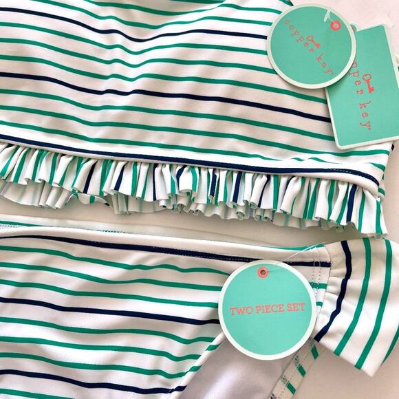 KIDS GIRLS Navy Blue Green Stripe Bikini Swim – Size 16 - Picture 2 of 4